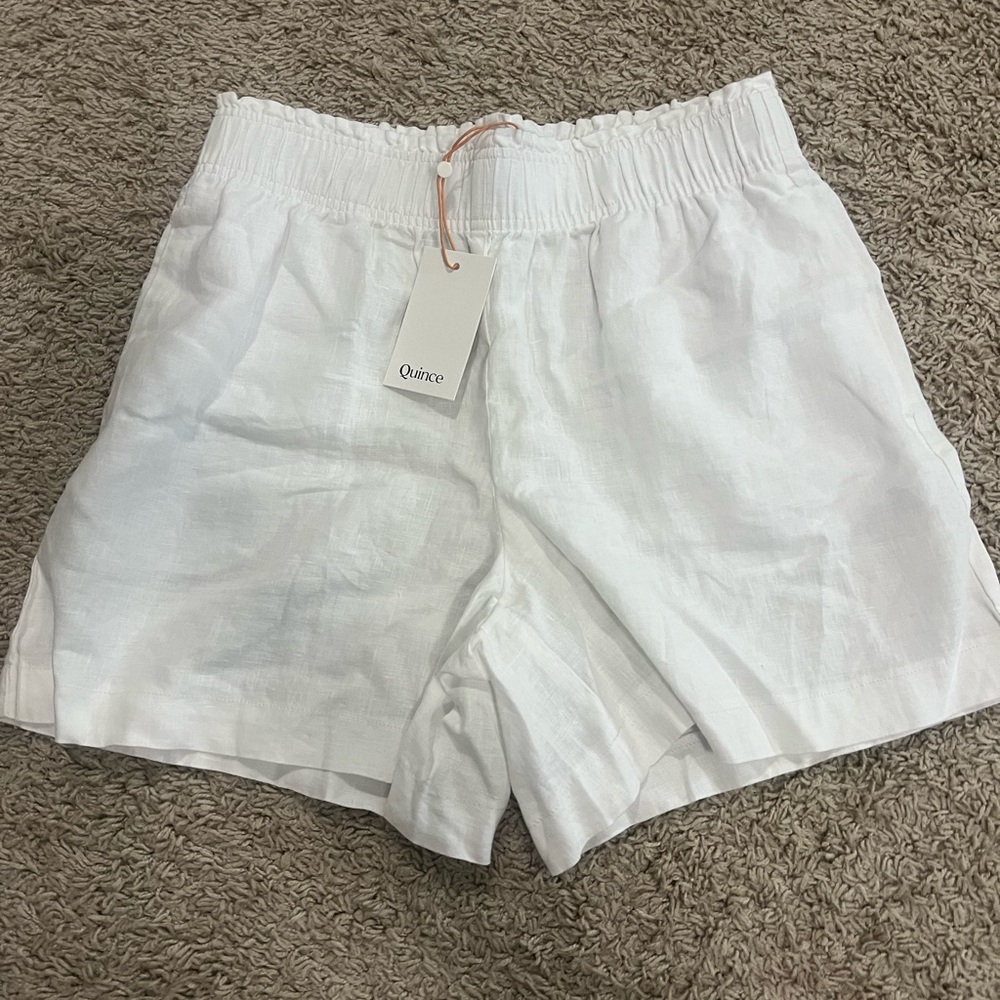 Quince White High-Waist Elastic Linen Shorts
